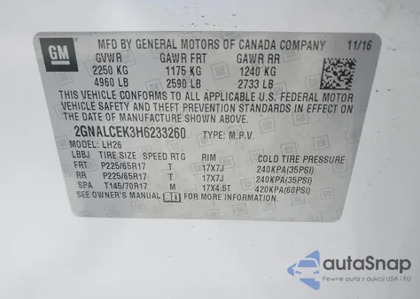 2017 Chevrolet Equinox Lt из США, поврежденный, VIN 2GNALCEK3H6233260